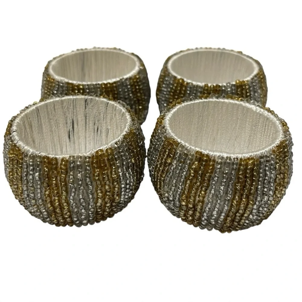 Pier 1 Seed Beaded Napkin Rings Gold & Silver Festive Elegant Fancy Formal 4 Set